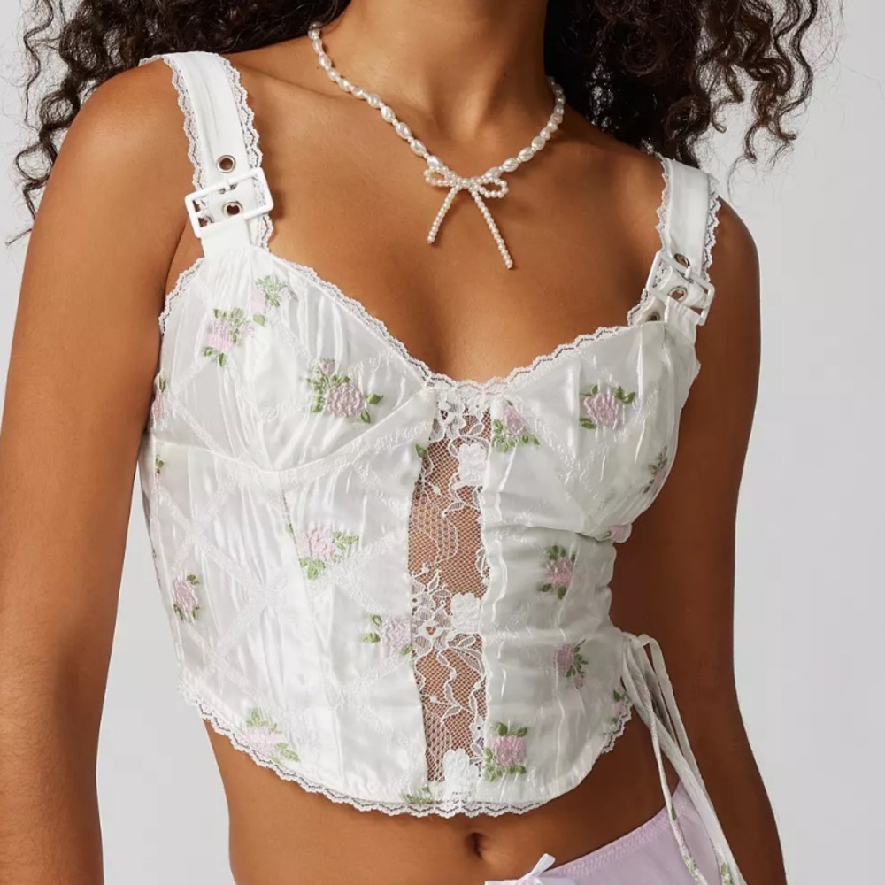 For Love And Lemons Ivory and Pink Lace Corset